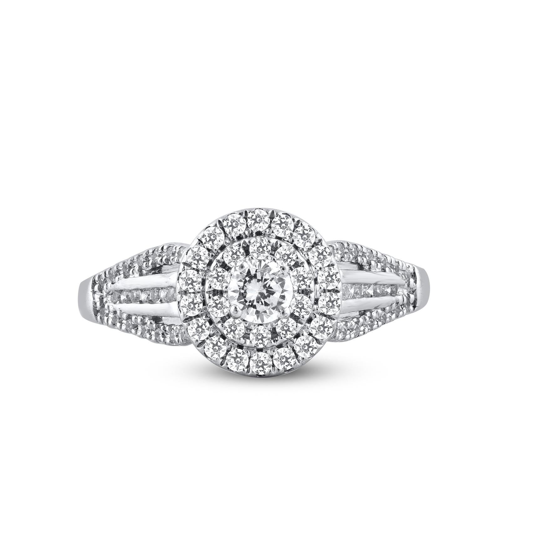 Give a touch of glamour to your fine jewelry collection with this diamond engagement ring. These diamond ring are studded with 89 single cut and brilliant cut round diamonds in pave, prong & channel setting and crafted in 14kt white gold. The white