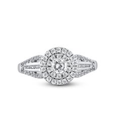 TJD 0.75 Carat Natural Round Diamond 14 Karat White Gold Double Frame Halo Ring