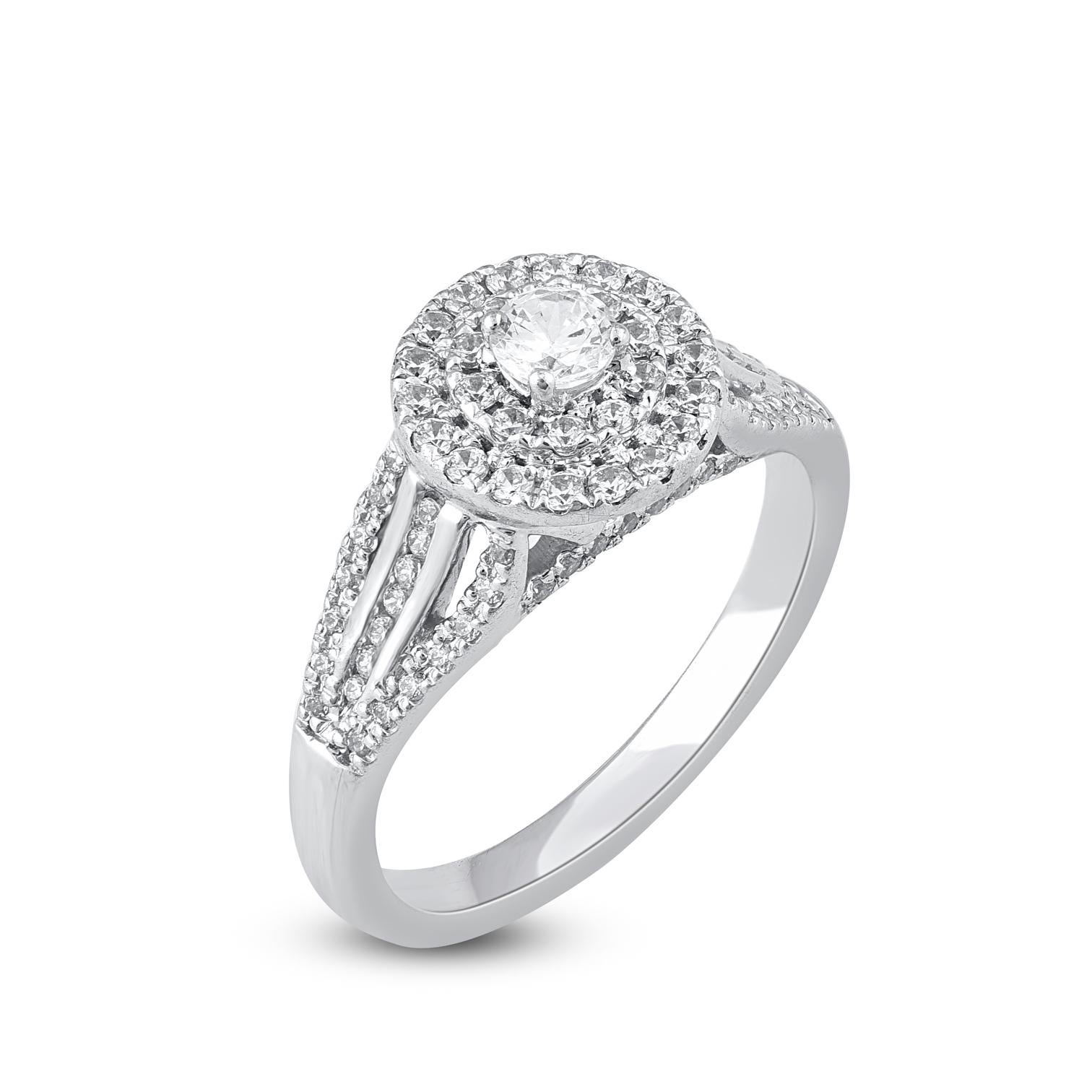 Contemporary TJD 0.75 Carat Natural Round Diamond 14 Karat White Gold Double Frame Halo Ring For Sale