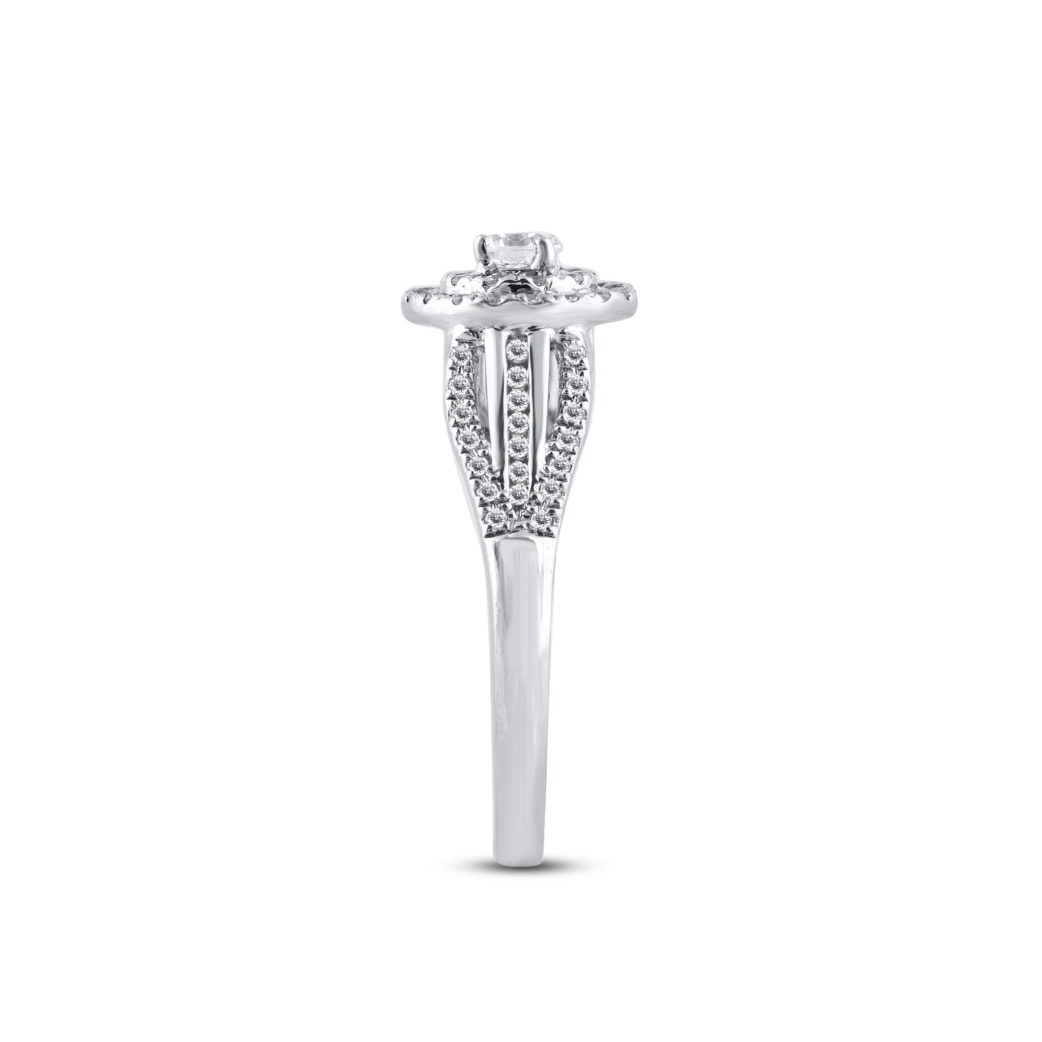 Round Cut TJD 0.75 Carat Natural Round Diamond 14 Karat White Gold Double Frame Halo Ring For Sale
