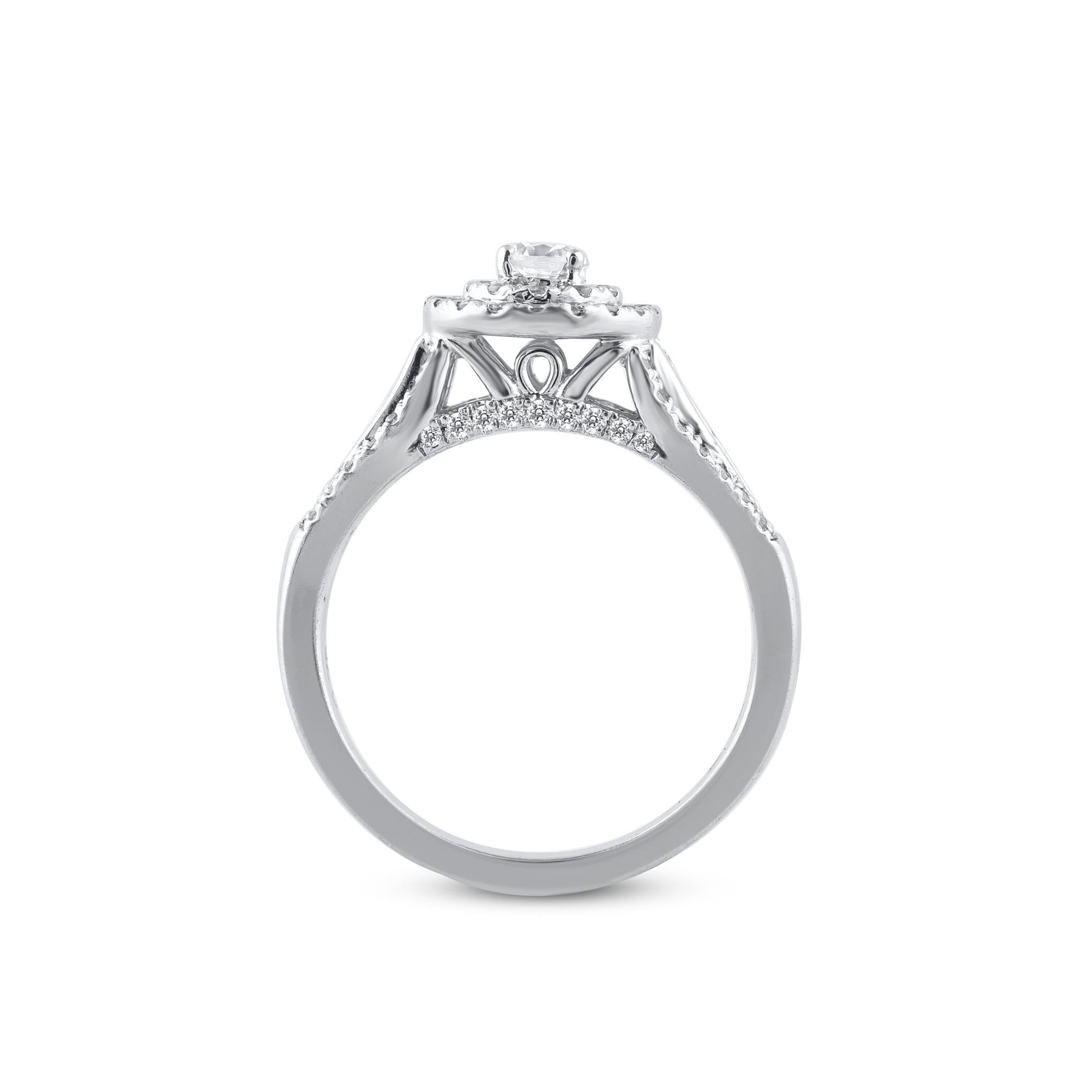 TJD 0.75 Carat Natural Round Diamond 14 Karat White Gold Double Frame Halo Ring In New Condition For Sale In New York, NY