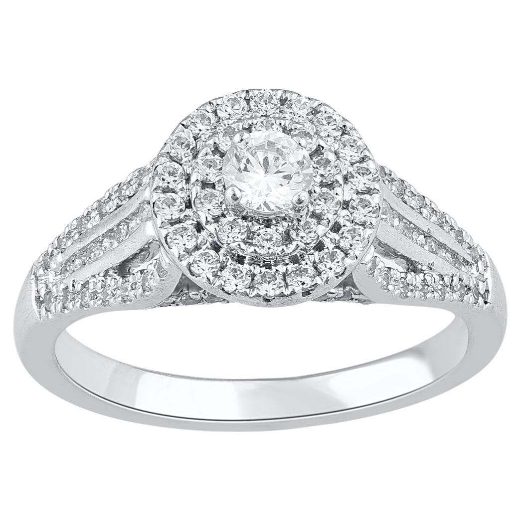 TJD 0.75 Carat Natural Round Diamond 14 Karat White Gold Double Frame Halo Ring For Sale