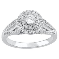 TJD 0.75 Carat Natural Round Diamond 14 Karat White Gold Double Frame Halo Ring