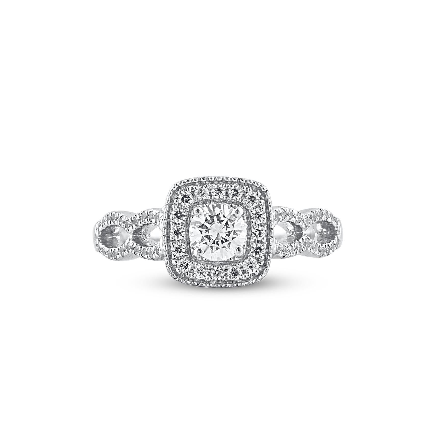 Add a touch of elegance with this diamond engagement ring. These diamond ring are studded with 75 single cut and brilliant cut round diamonds in prong and pave setting and crafted in 14KT white gold. The white diamonds are graded as H-I color and I2