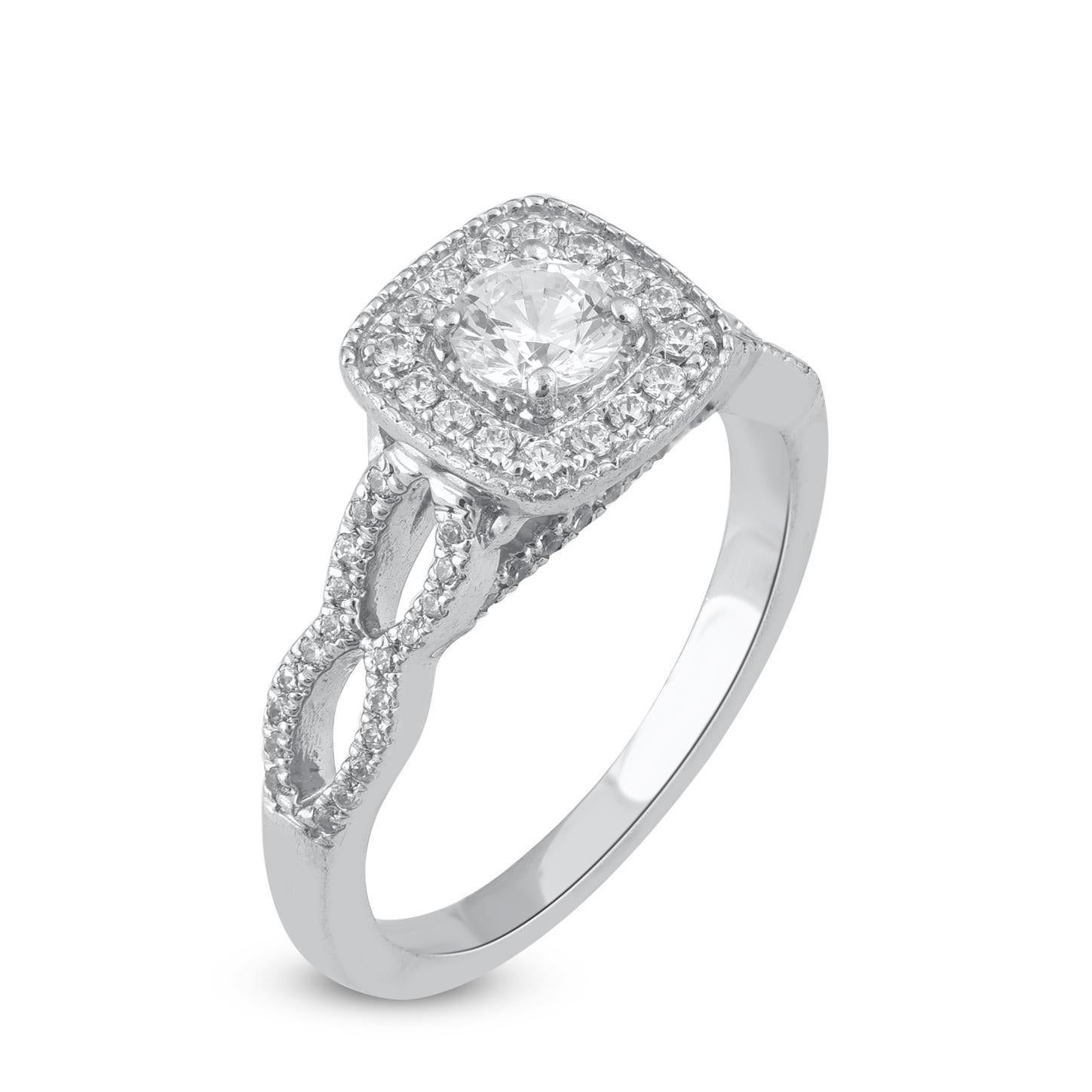Contemporary TJD 0.75 Carat Natural Round Diamond 14 Karat White Gold Halo Engagement Ring For Sale