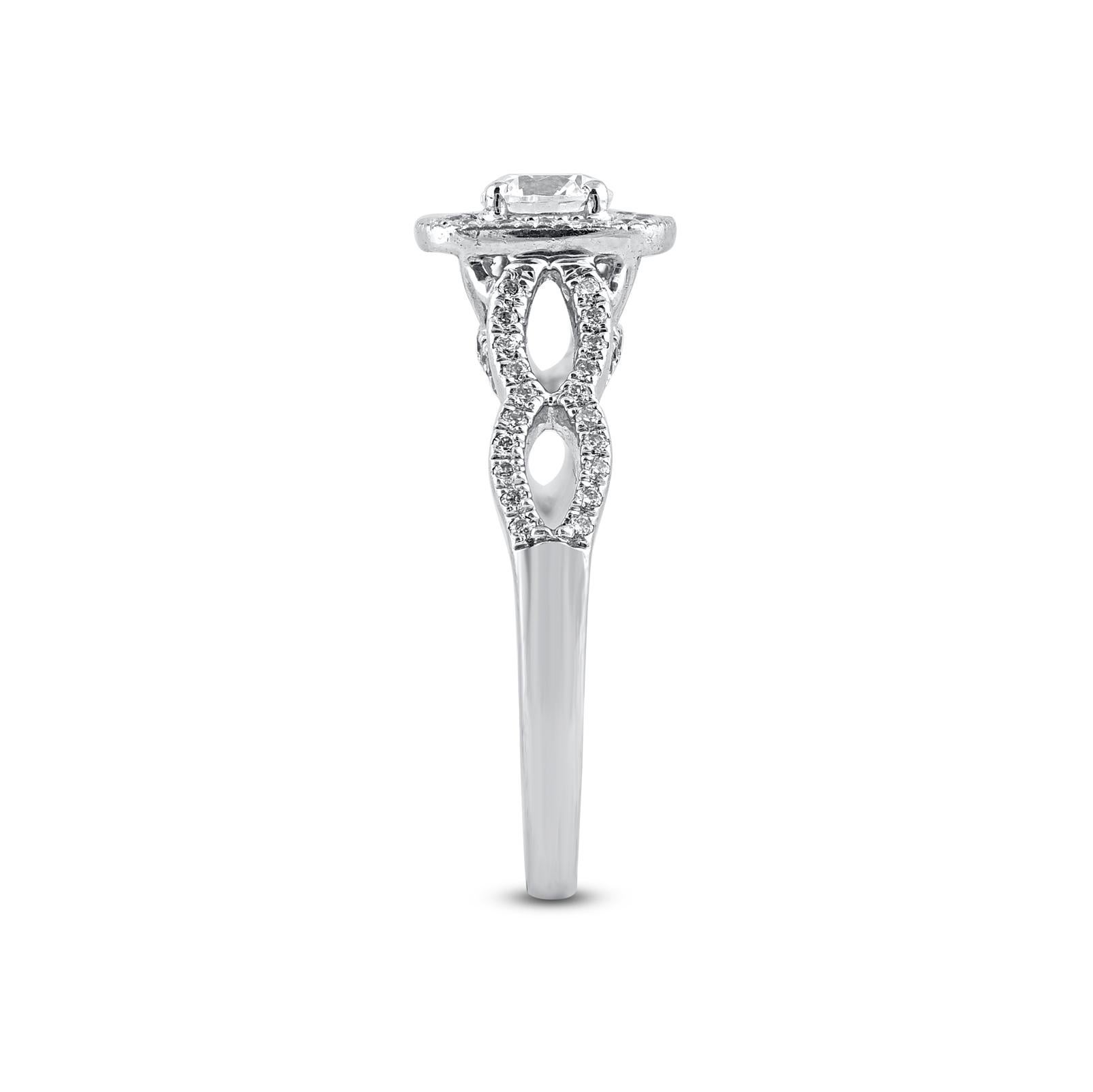 Mixed Cut TJD 0.75 Carat Natural Round Diamond 14 Karat White Gold Halo Engagement Ring For Sale