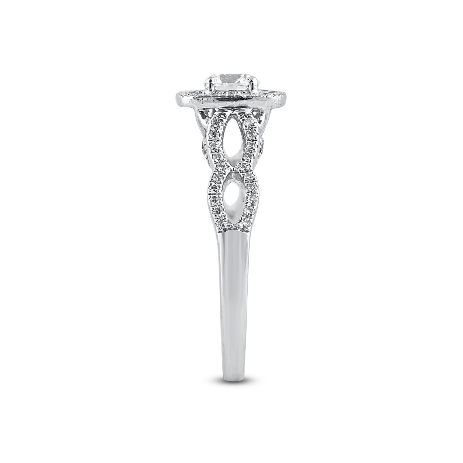 Round Cut TJD 0.75 Carat Natural Round Diamond 14 Karat White Gold Halo Engagement Ring For Sale