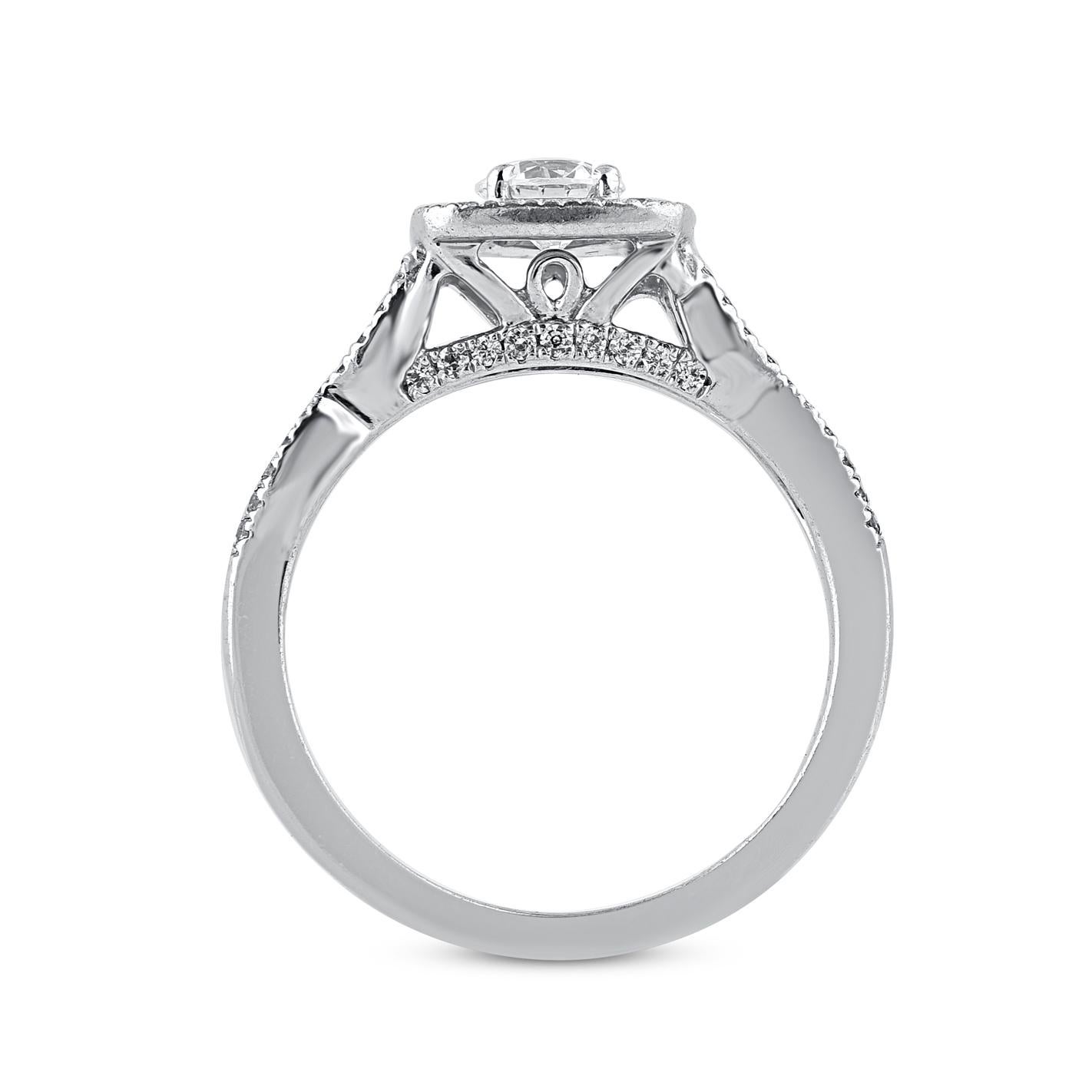 TJD 0.75 Carat Natural Round Diamond 14 Karat White Gold Halo Engagement Ring In New Condition For Sale In New York, NY