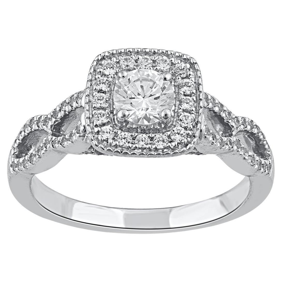 TJD 0.75 Carat Natural Round Diamond 14 Karat White Gold Halo Engagement Ring