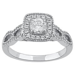 Bague de fiançailles halo en or blanc 14 carats avec diamant rond naturel de 0,75 carat TJD