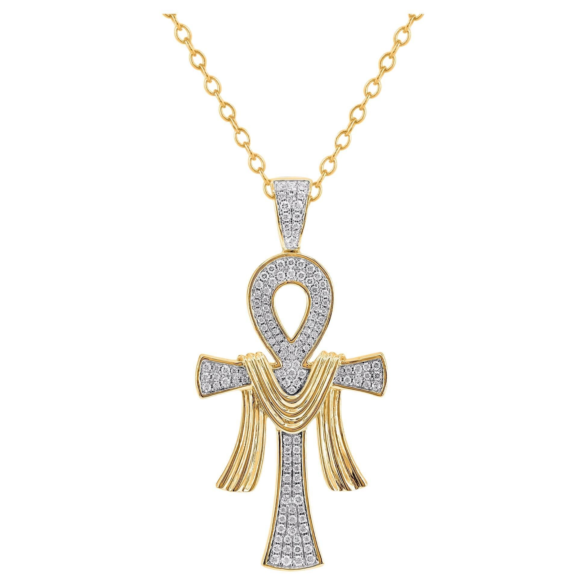 TJD 0,75 Karat natürlicher runder Diamant 14KT Gelbgold Kreuz-Anhänger Halskette
