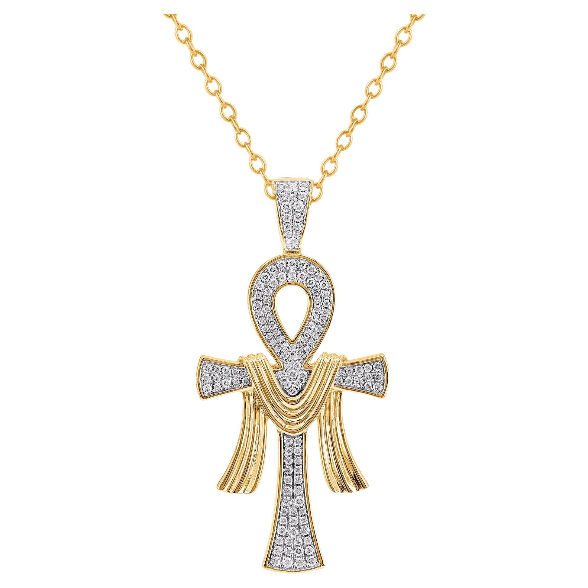 TJD 0.75 Carat Natural Round Diamond 14KT Yellow Gold Cross Pendant Necklace