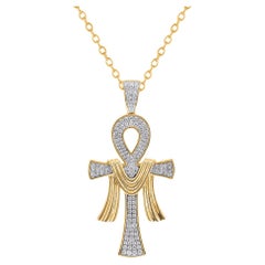 TJD 0.75 Carat Natural Round Diamond 14KT Yellow Gold Cross Pendant Necklace