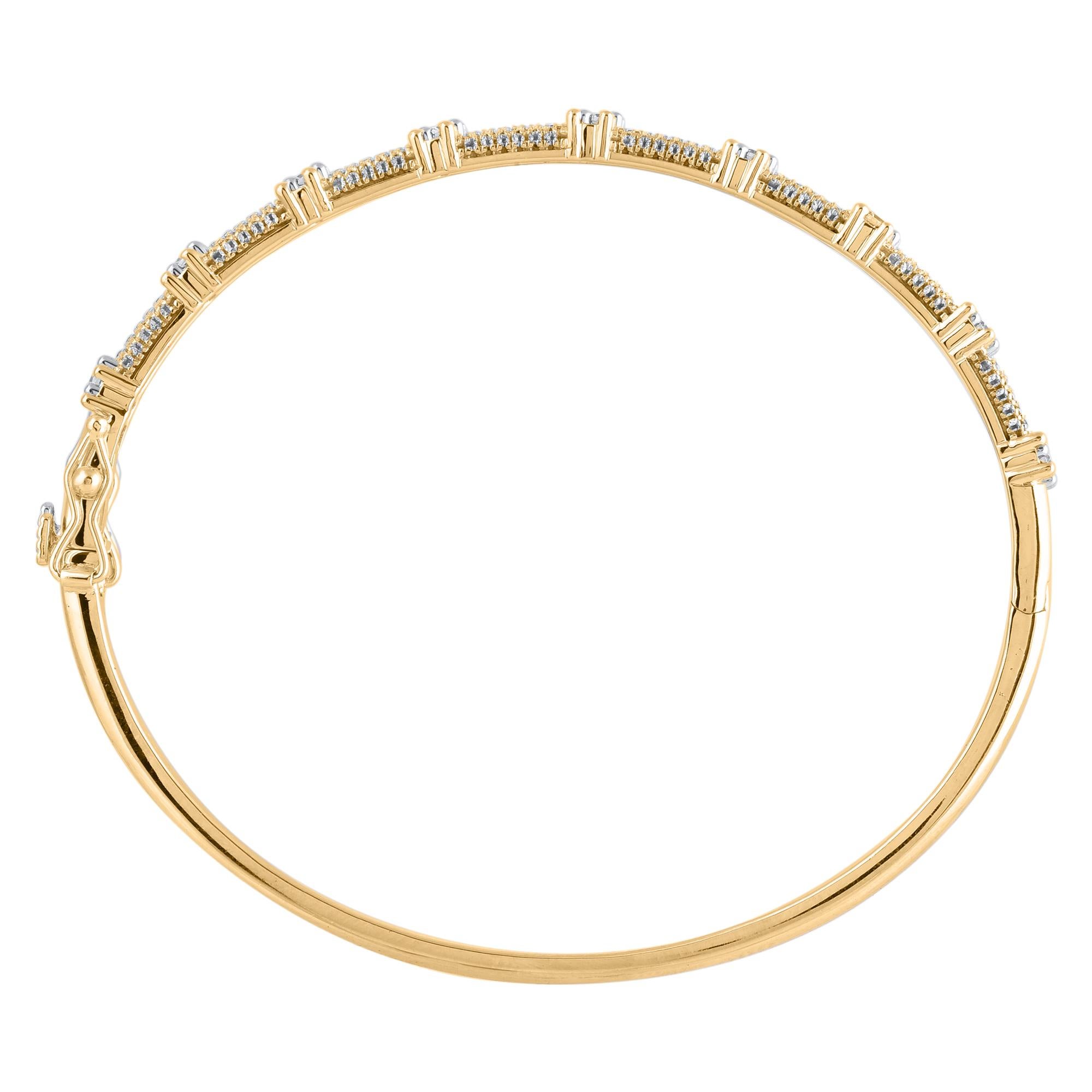 Express your sophisticated style with this gorgeous diamond bangle bracelet. This Shimmering bangle bracelet features 143 natural round single cut and brilliant cut diamonds in prong setting and crafted in 14kt yellow gold. Diamonds are graded H-I