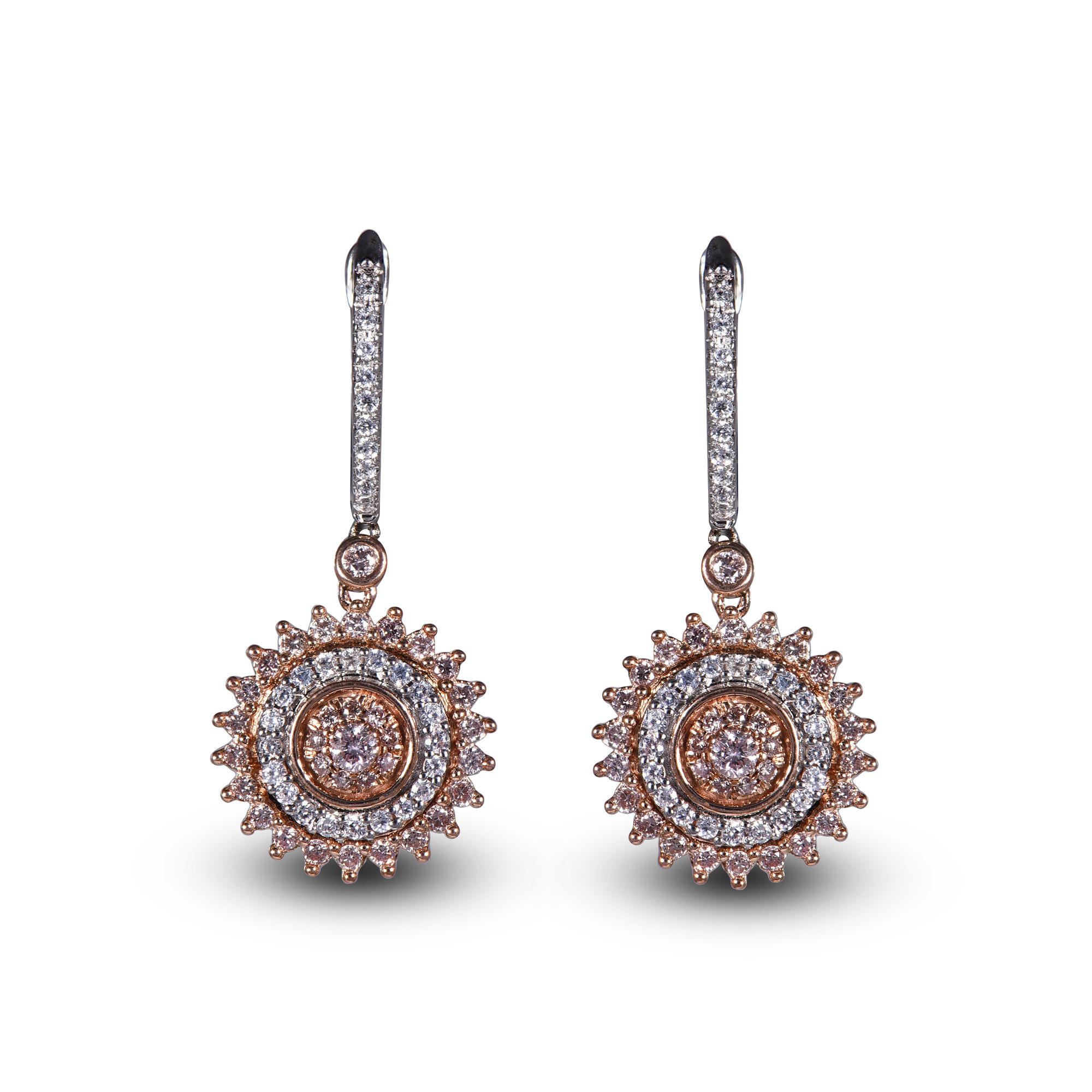 Adorn your formal wear with extra glitz when you put on these hoop huggie earrings. Expertly crafted in 18K White and Rose Gold,  earring is cleverly filled with 60 round White and 66 pink diamond set in micro-prong and prong setting and shimmers in