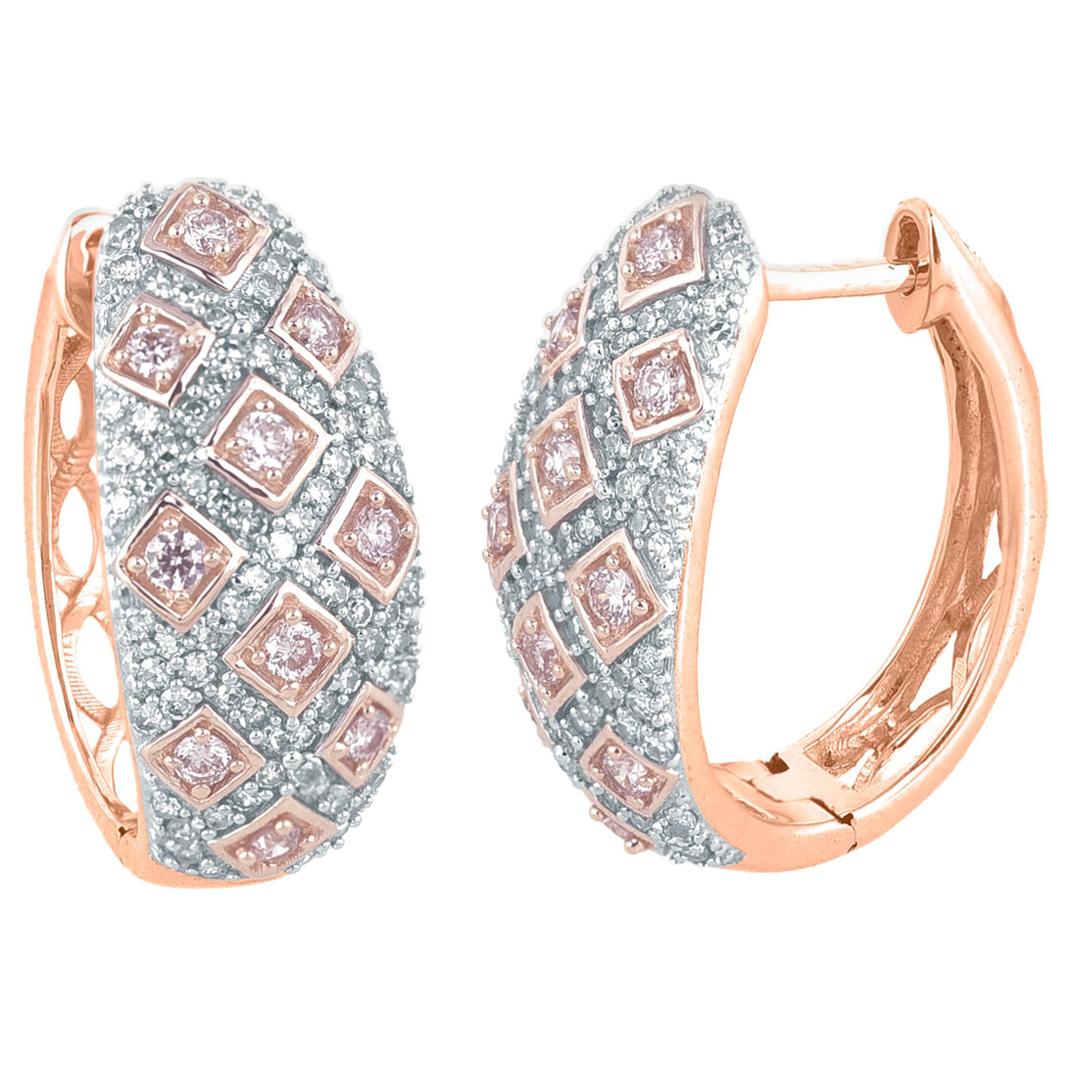 TJD 0.75 Carat Nat. Pink Rosé & White Diamond 18K Rose Gold Huggie Hoop Earrings For Sale