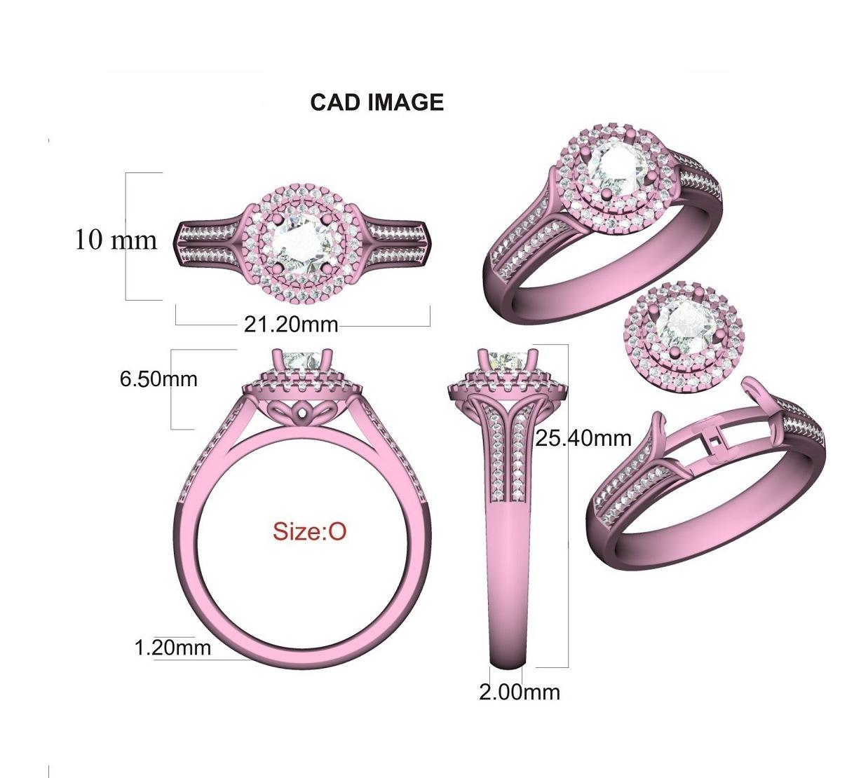 Questo anello di fidanzamento a forma di Halo è sapientemente realizzato in oro rosa 18 carati e presenta una pietra centrale da 0,47 carati e una montatura con doppio diamante e diamanti sul gambo in un'incastonatura impilabile a griffe e griffe. I