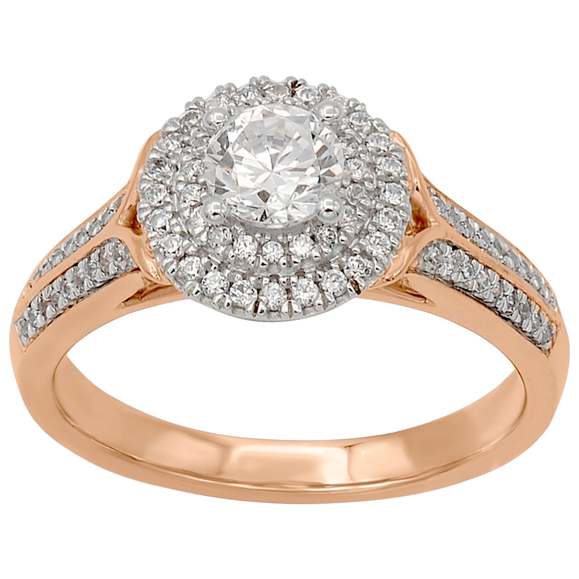 TJD 0,75 Karat runder Verlobungsring aus 18 Karat Roségold mit doppeltem Halo-Diamant