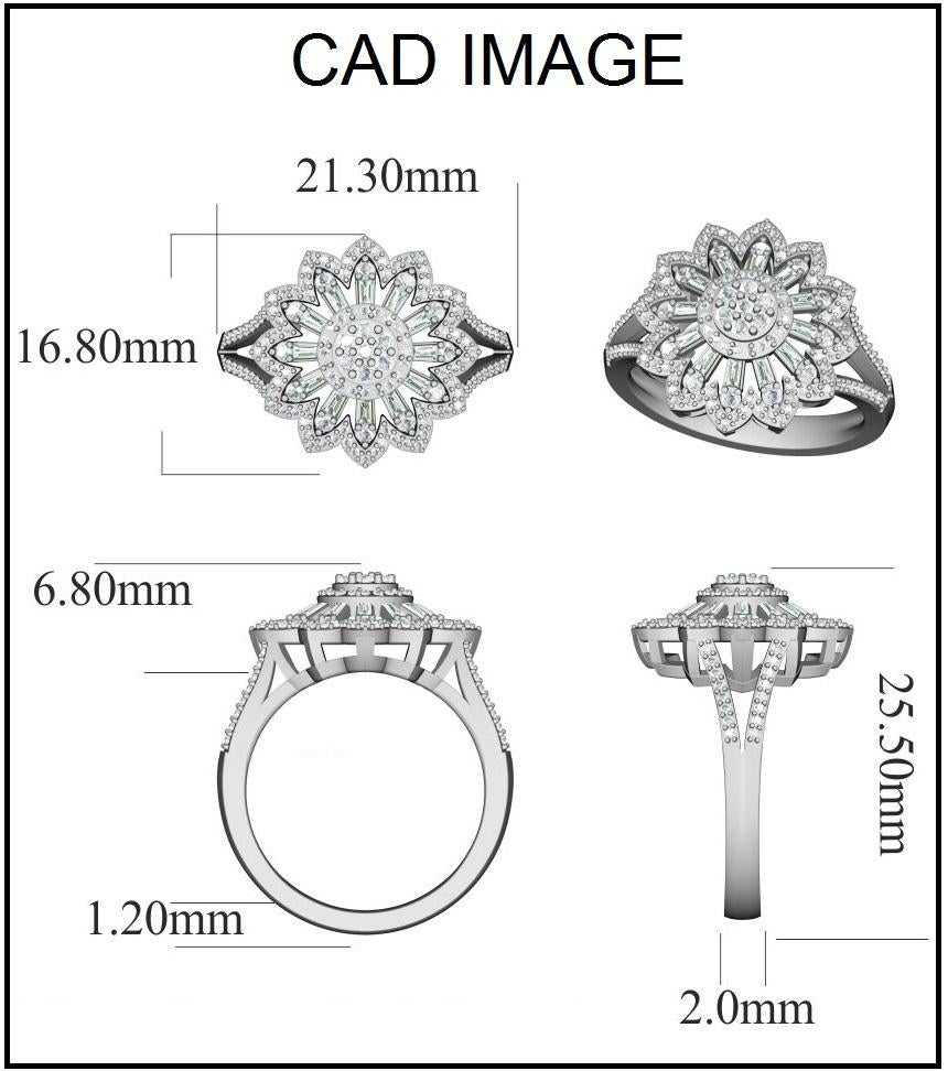 This split shank sunburst engagement Ring is expertly crafted in 14 Karat White Gold and features 0.75 ct of 143 round and 12 baguette cut diamond set in prong and channel settings. The diamonds are natural, not-treated and conflict-free with H-I