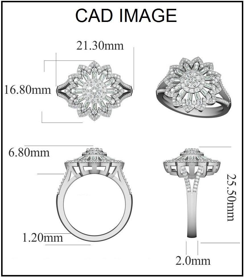 Questo anello di fidanzamento con gambo diviso a raggiera è sapientemente realizzato in oro bianco 14 carati e presenta 143 diamanti rotondi e 12 diamanti taglio baguette da 0,75 carati incastonati in castoni e canali. I diamanti sono naturali, non