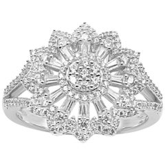 TJD 0.75 Carat Round and Baguette 14 Karat White Gold Split Shank Sunburst Ring