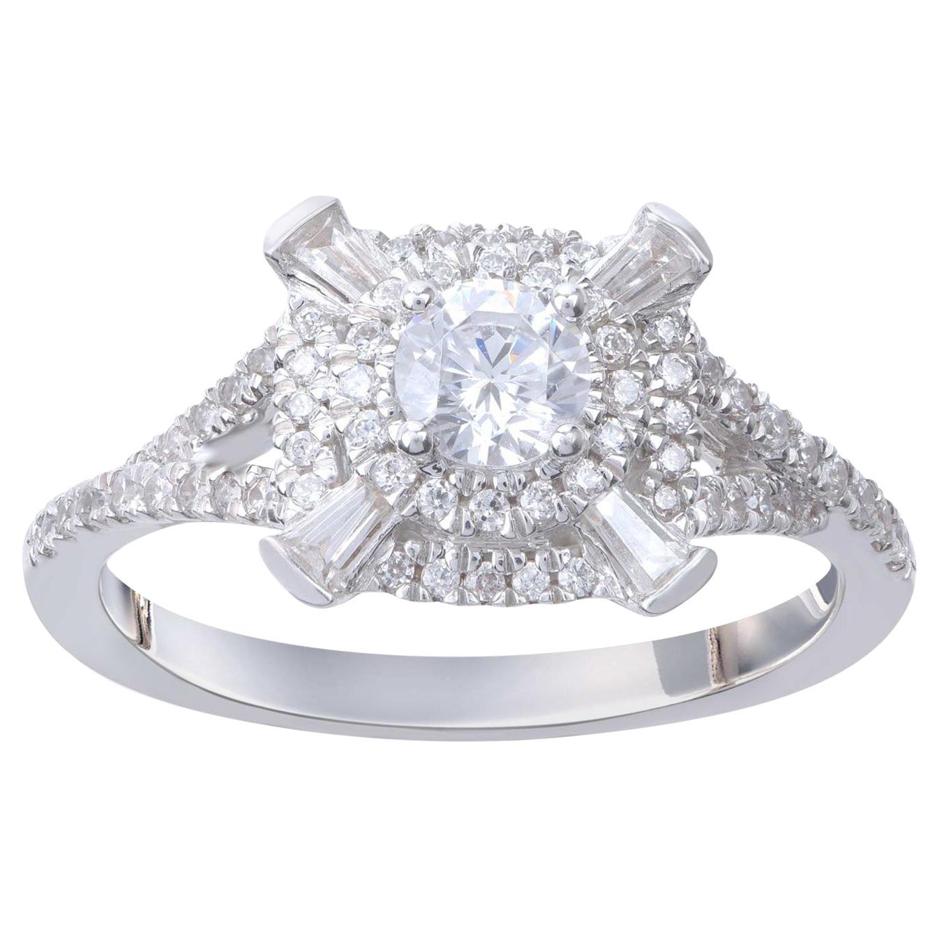 TJD 0.75 Carat Round and Baguette Cut Diamond  18 Karat White Gold Cluster Ring For Sale