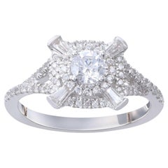 TJD 0.75 Carat Round and Baguette Cut Diamond  18 Karat White Gold Cluster Ring