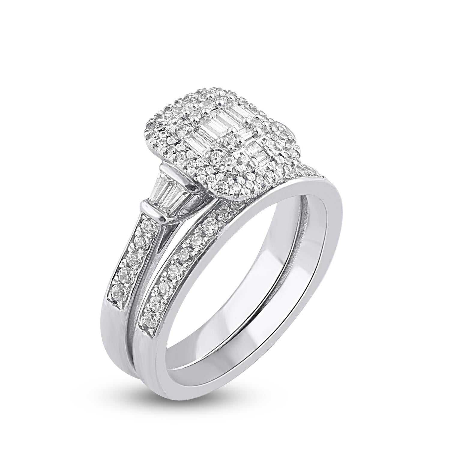 All of love's most precious moments shine through this romantic treasure. Crafted in 14 Karat white gold. This wedding ring features a sparkling 90 brilliant cut, single cut round diamonds and baguette cut diamonds beautifully set in prong, pave and
