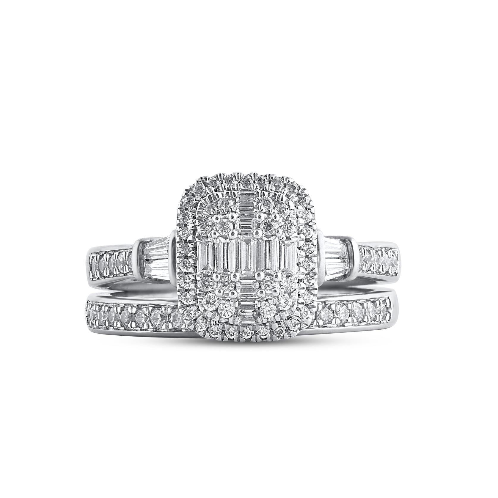 Contemporary TJD 0.75 Carat Round and Baguette Diamond 14 Karat White Gold Bridal Ring Set For Sale