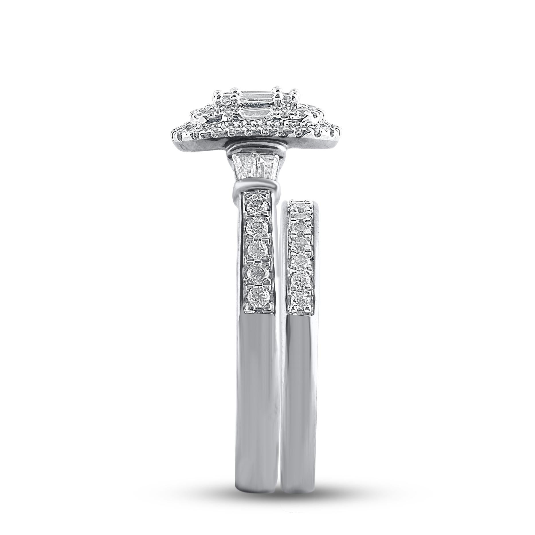 Mixed Cut TJD 0.75 Carat Round and Baguette Diamond 14 Karat White Gold Bridal Ring Set For Sale