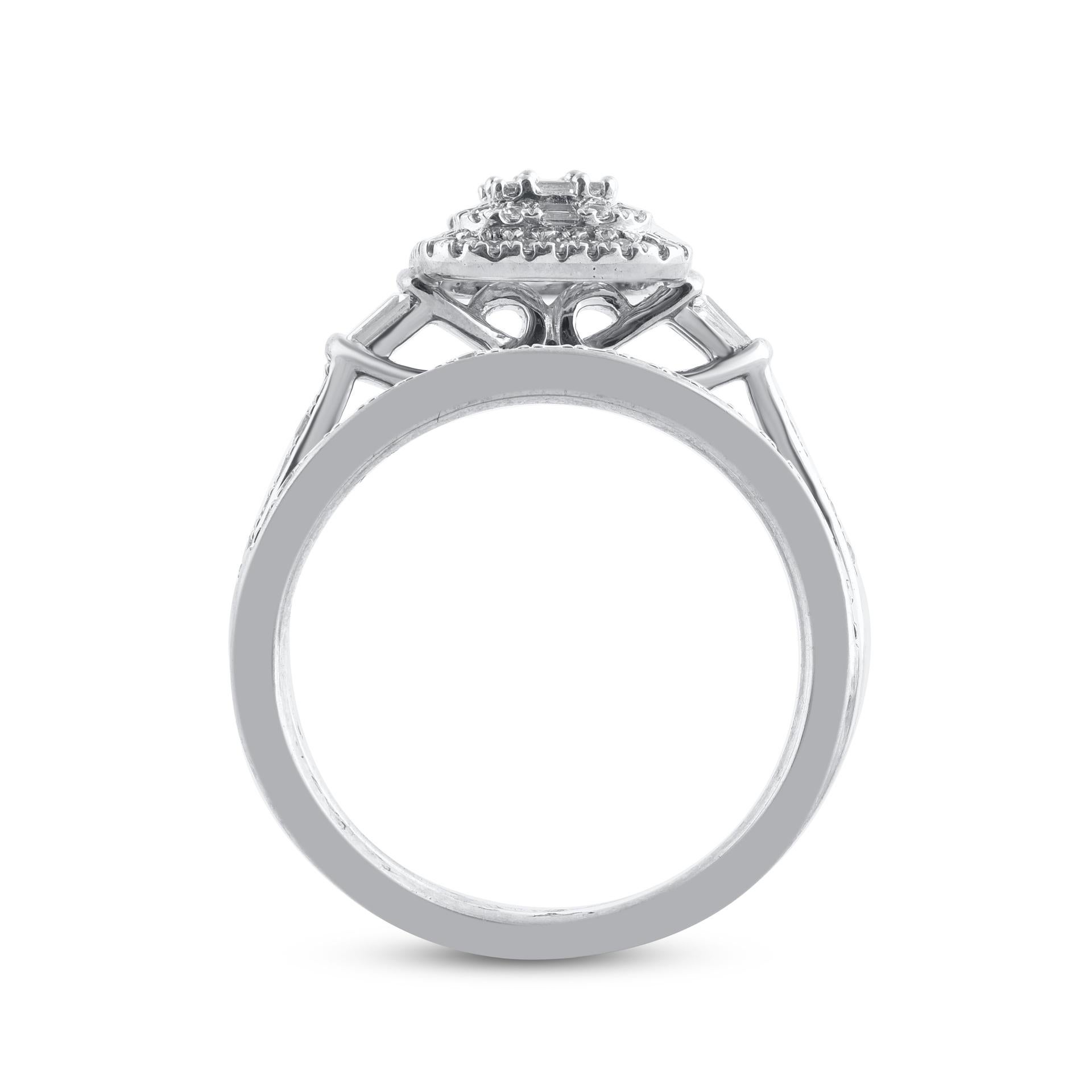 TJD 0.75 Carat Round and Baguette Diamond 14 Karat White Gold Bridal Ring Set In New Condition For Sale In New York, NY