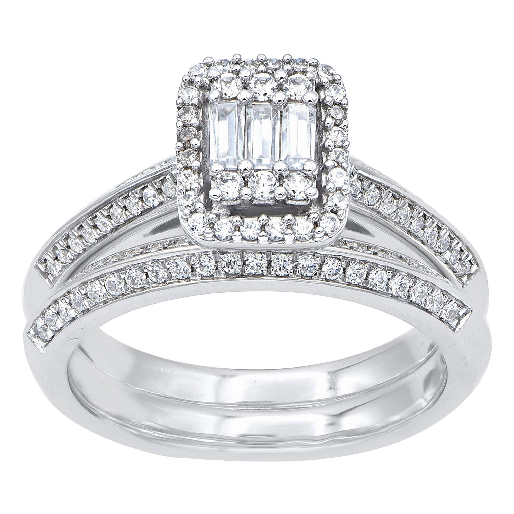 TJD 0,75 Karat runder und Baguette-Diamant 14 Karat Weißgold Brautring Set