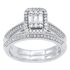 TJD 0,75 Karat runder und Baguette-Diamant 14 Karat Weißgold Brautring Set
