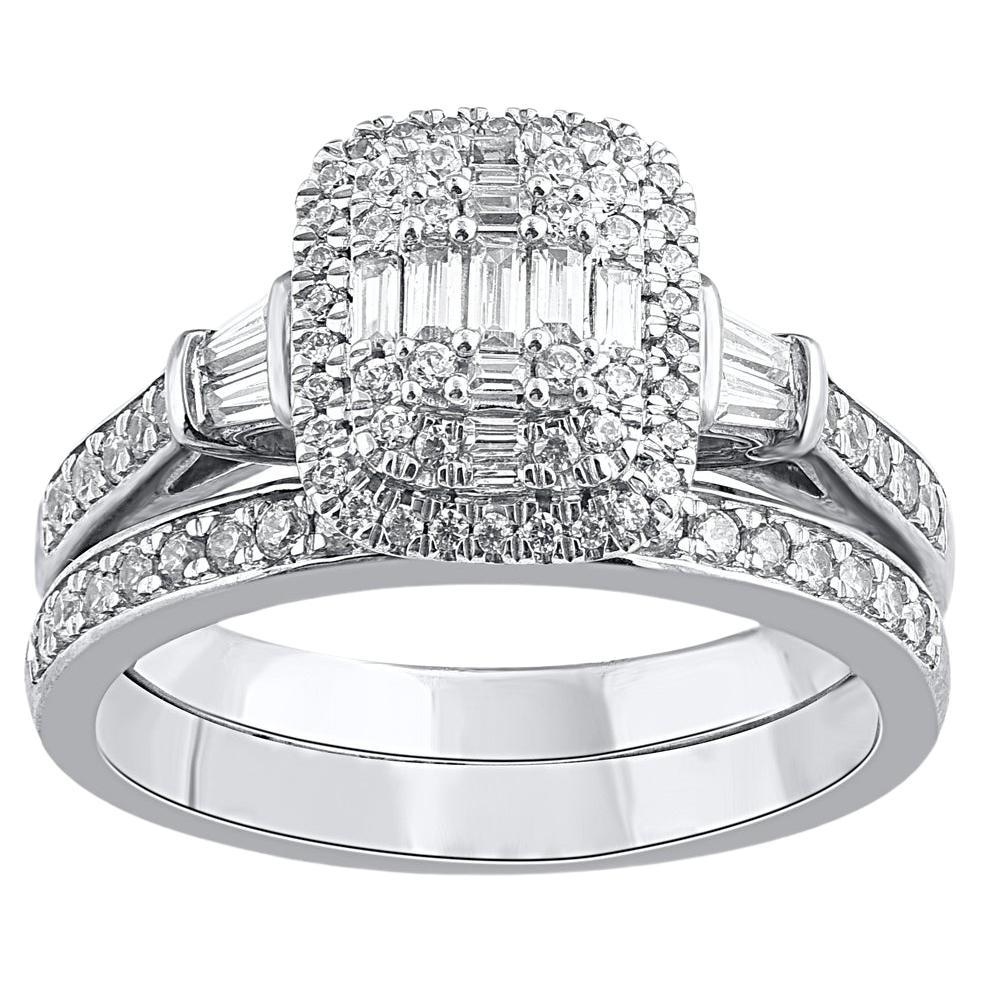 TJD 0.75 Carat Round and Baguette Diamond 14 Karat White Gold Bridal Ring Set