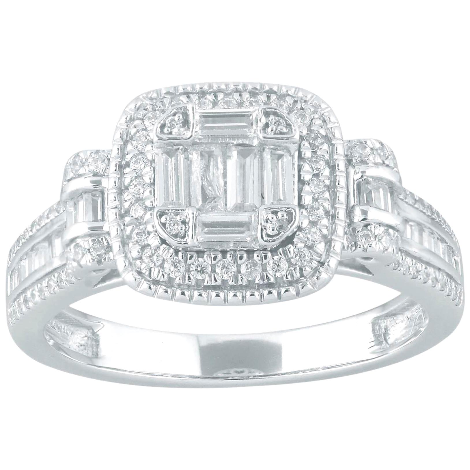 TJD Bague halo en or blanc 14 carats avec grappe de diamants ronds et baguettes de 0,75 carat