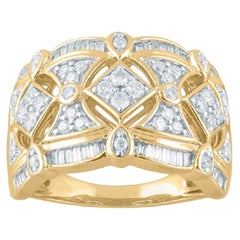 TJD 0.75 Carat Round and Baguette Diamond 14 Karat Yellow Gold Band Ring
