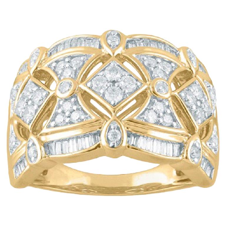 Bague jonc en or jaune 14 carats avec diamants ronds et baguettes de 0,75 carat TJD