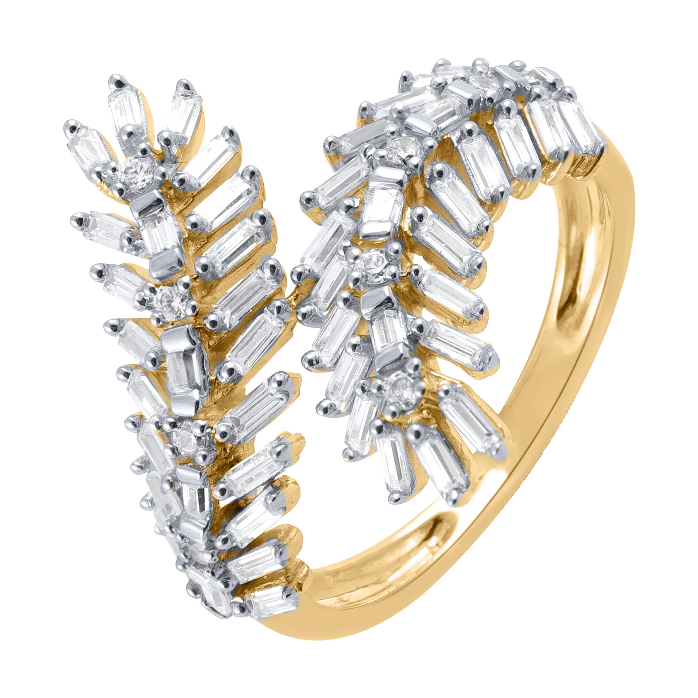 Modern TJD 0.75 Carat Round and Baguette Diamond 14 Karat Yellow Gold Bypass Leaf Ring For Sale