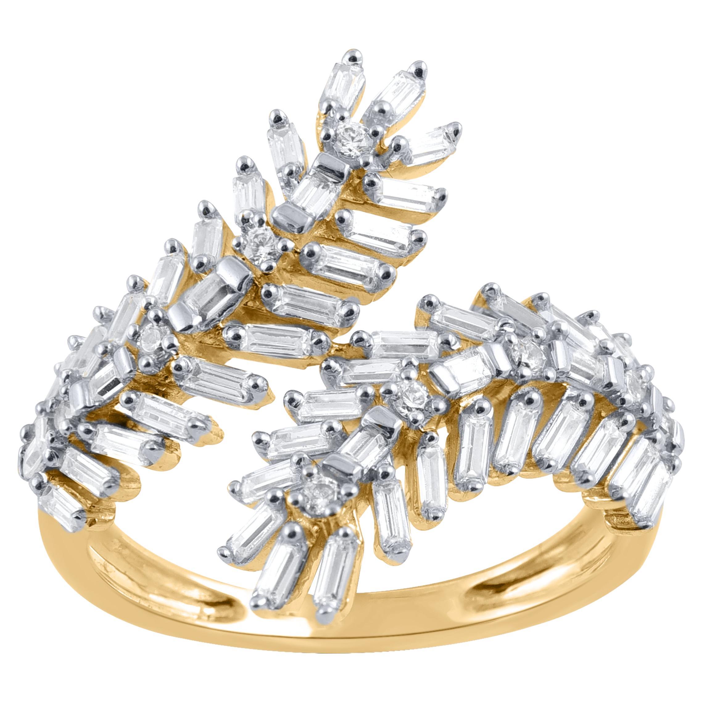 TJD 0.75 Carat Round and Baguette Diamond 14 Karat Yellow Gold Bypass Leaf Ring For Sale