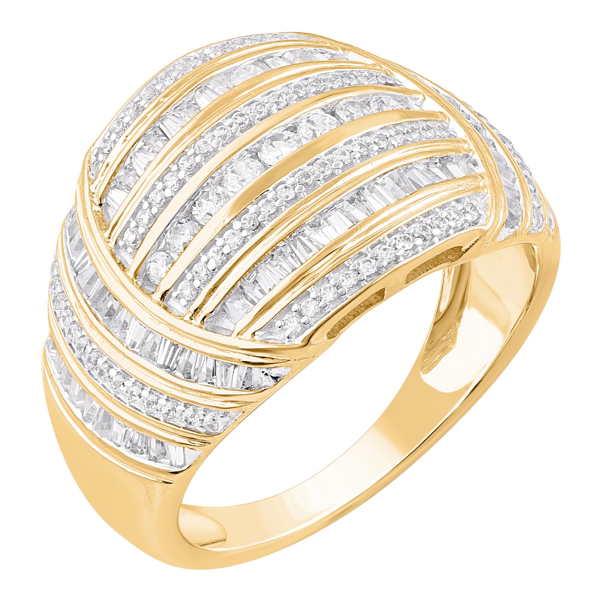 Truly exquisite, she'll admire the effortless look of this graceful diamond dome fashion ring. The ring is crafted from 14-karat gold in your choice of white, rose, or yellow, and features 91 round and 76 baguette diamond set in channel and pave