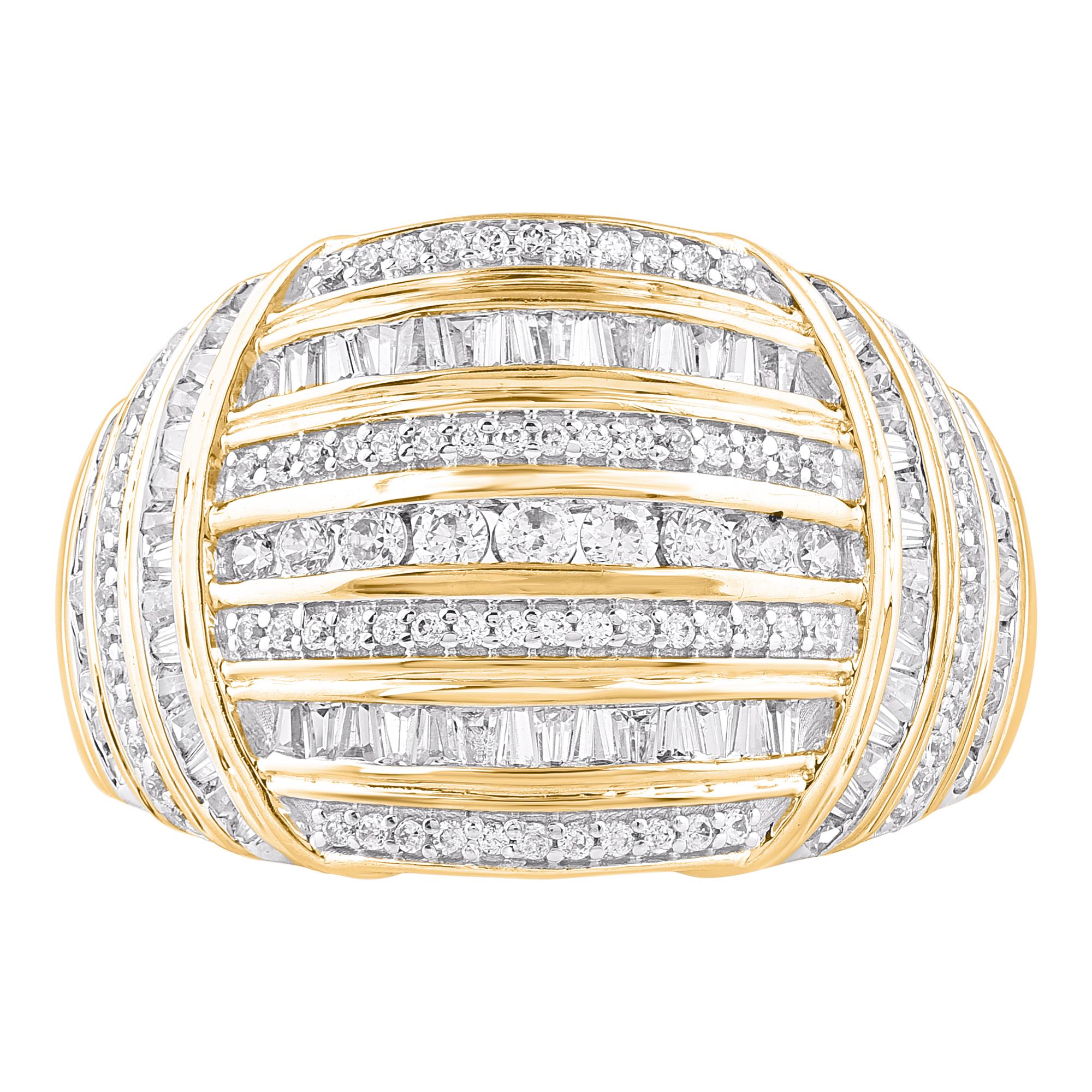 Art déco TJD Bague à dôme en or jaune 14 carats avec diamants ronds et baguettes de 0,75 carat en vente