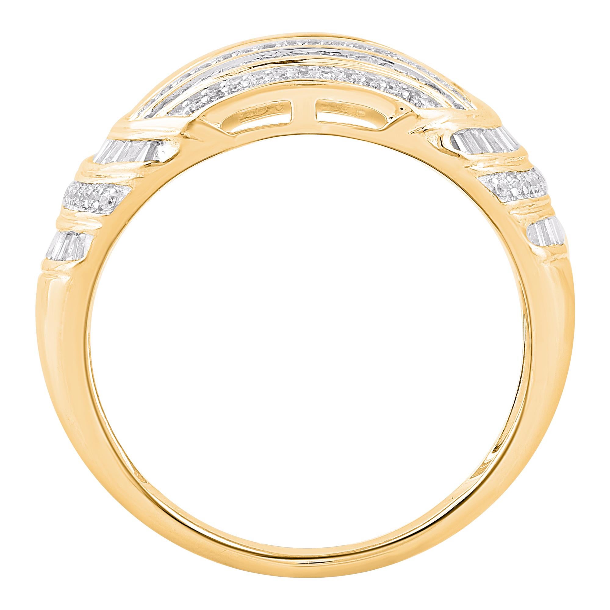 Round Cut TJD 0.75 Carat Round and Baguette Diamond 14 Karat Yellow Gold Dome Fashion Ring For Sale