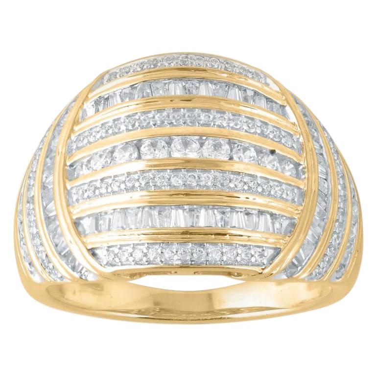 TJD 0.75 Carat Round and Baguette Diamond 14 Karat Yellow Gold Dome Fashion Ring