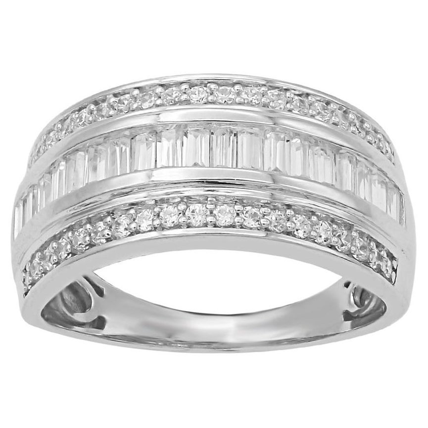 TJD 0.75 Carat Round and Baguette Diamond 14K White Gold Triple row Wedding Band For Sale