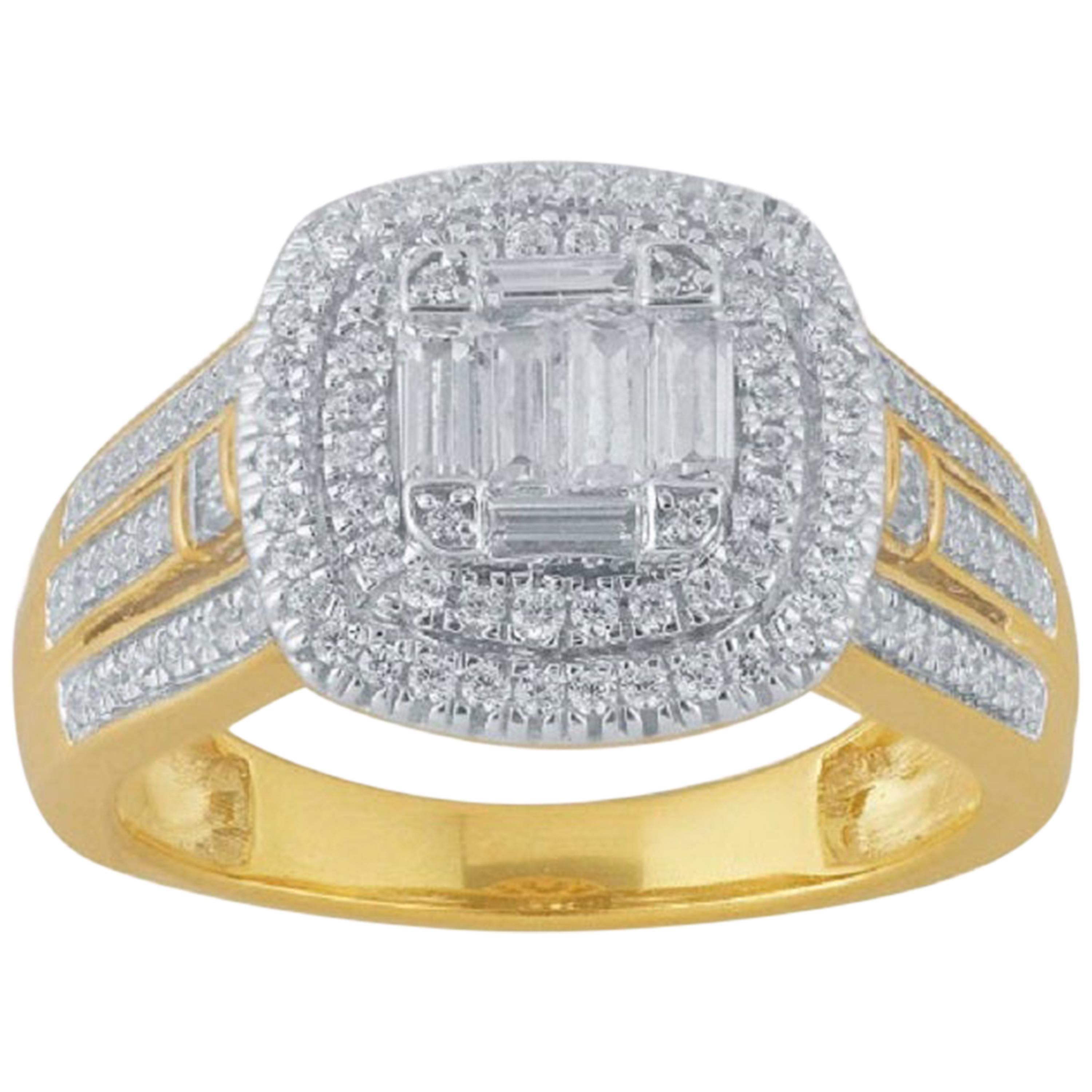 TJD 0.75 Carat Round and Baguette Diamond 14K Yellow Gold Double Frame Halo Ring