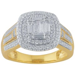 TJD 0.75 Carat Round and Baguette Diamond 14K Yellow Gold Double Frame Halo Ring