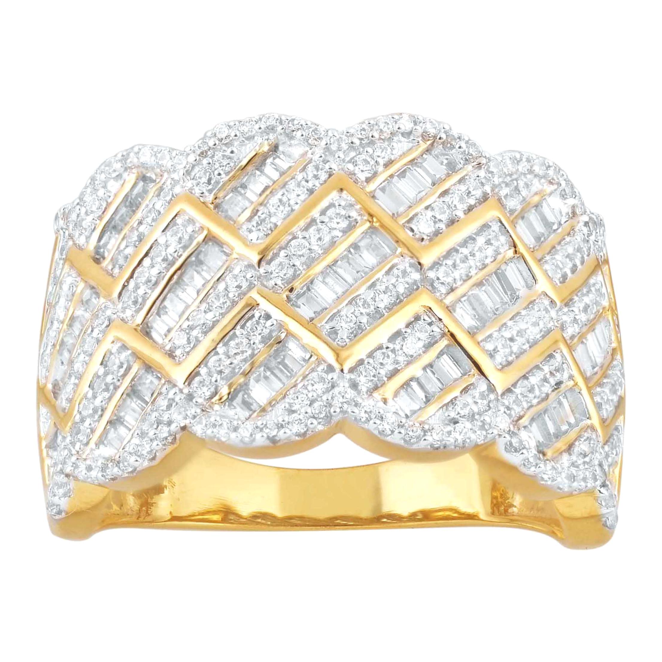 TJD 0.75 Carat Round and Baguette Diamond 14K Yellow Gold Zig-Zag Fashion Ring For Sale