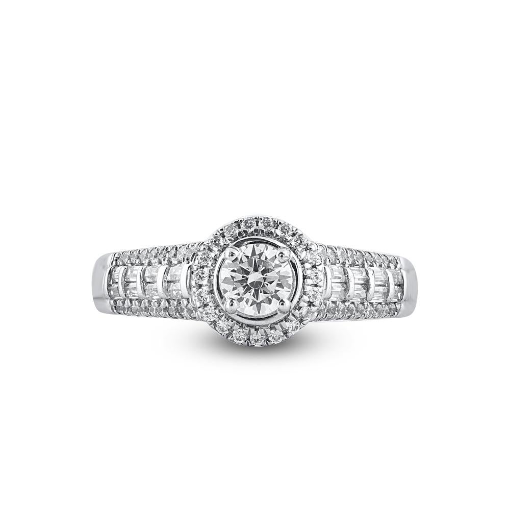 Make a bold statement of love with this engagement ring. Beautifully crafted by our inhouse experts in 14 karat white gold and embellished with 72 brilliant cut, single cut round diamond and baguette cut diamonds set in prong and channel setting.