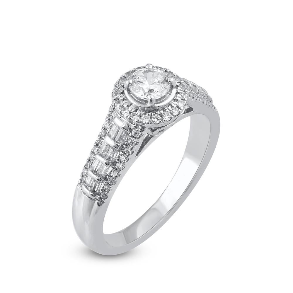 Contemporary TJD 0.75 Carat Round and Baguette Diamond 14KT White Gold Halo Engagement Ring For Sale