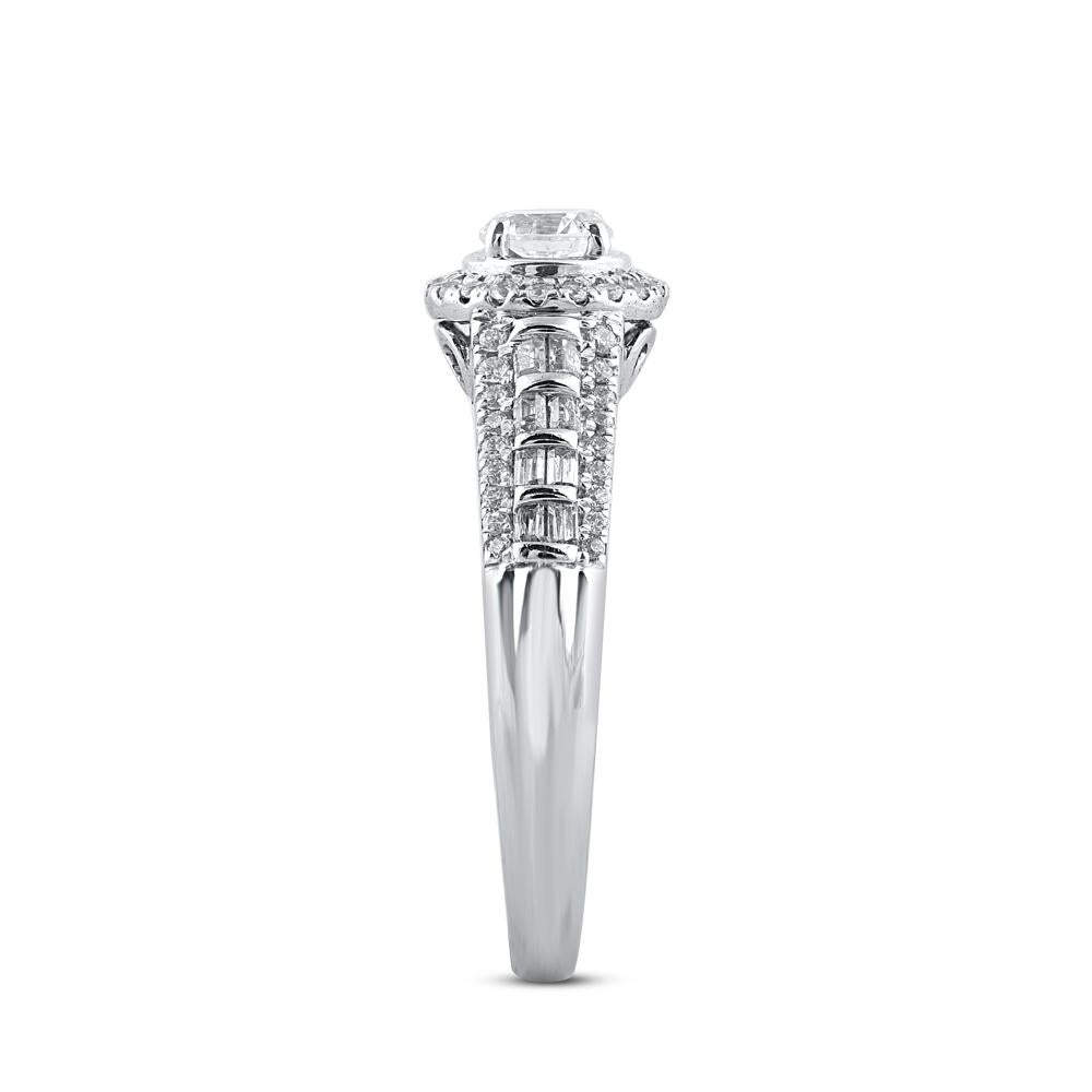 Mixed Cut TJD 0.75 Carat Round and Baguette Diamond 14KT White Gold Halo Engagement Ring For Sale